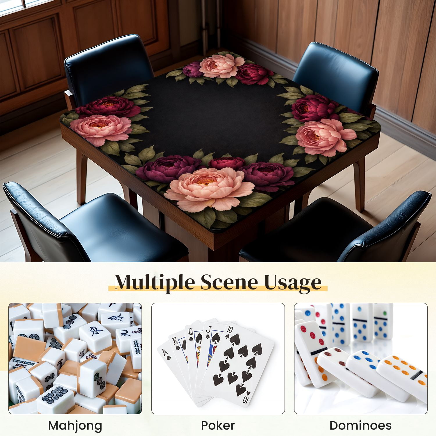 Mahjong Mat 31.5" x 31.5" Elegant Dark Floral Frame Burgundy Pink Peonies Green Leaves Non-Slip Noise Reduction Mahjong Tiles Table Cover for Dominoes Poker Card Board and Tile Games