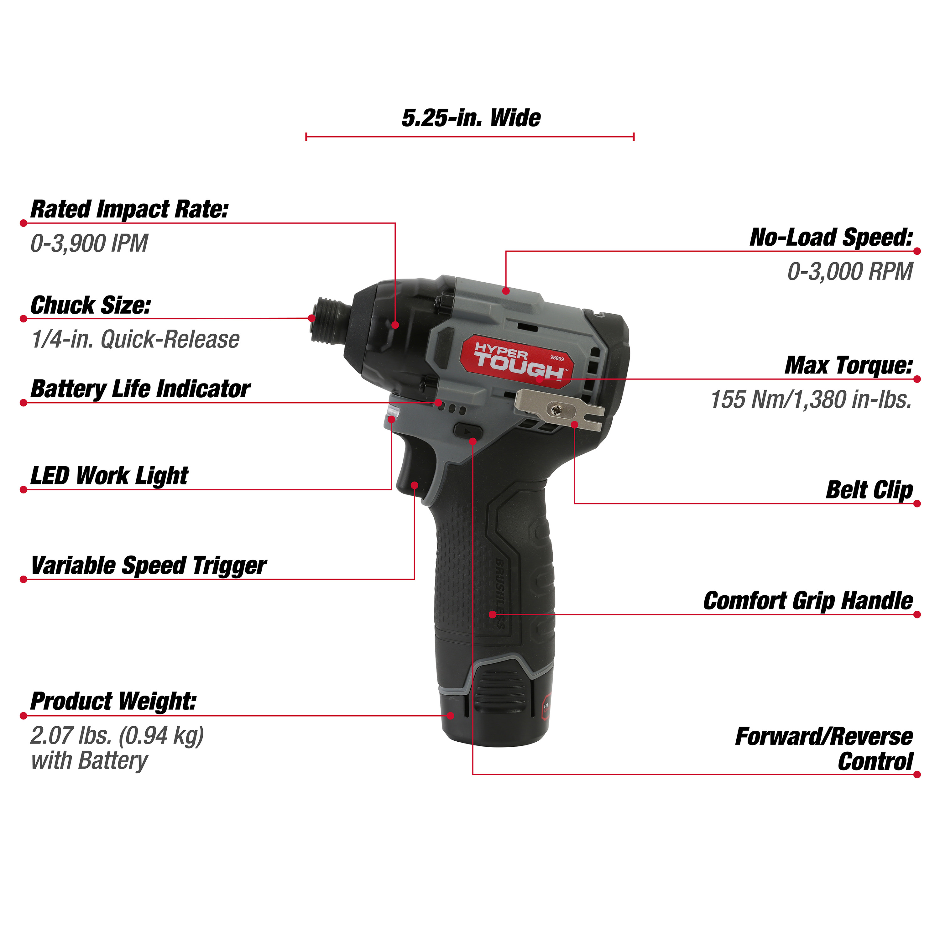 Atornillador de impacto inalámbrico Hyper Tough 12V Max* sin escobillas con batería de 1.5Ah y cargador, modelo 98809 5