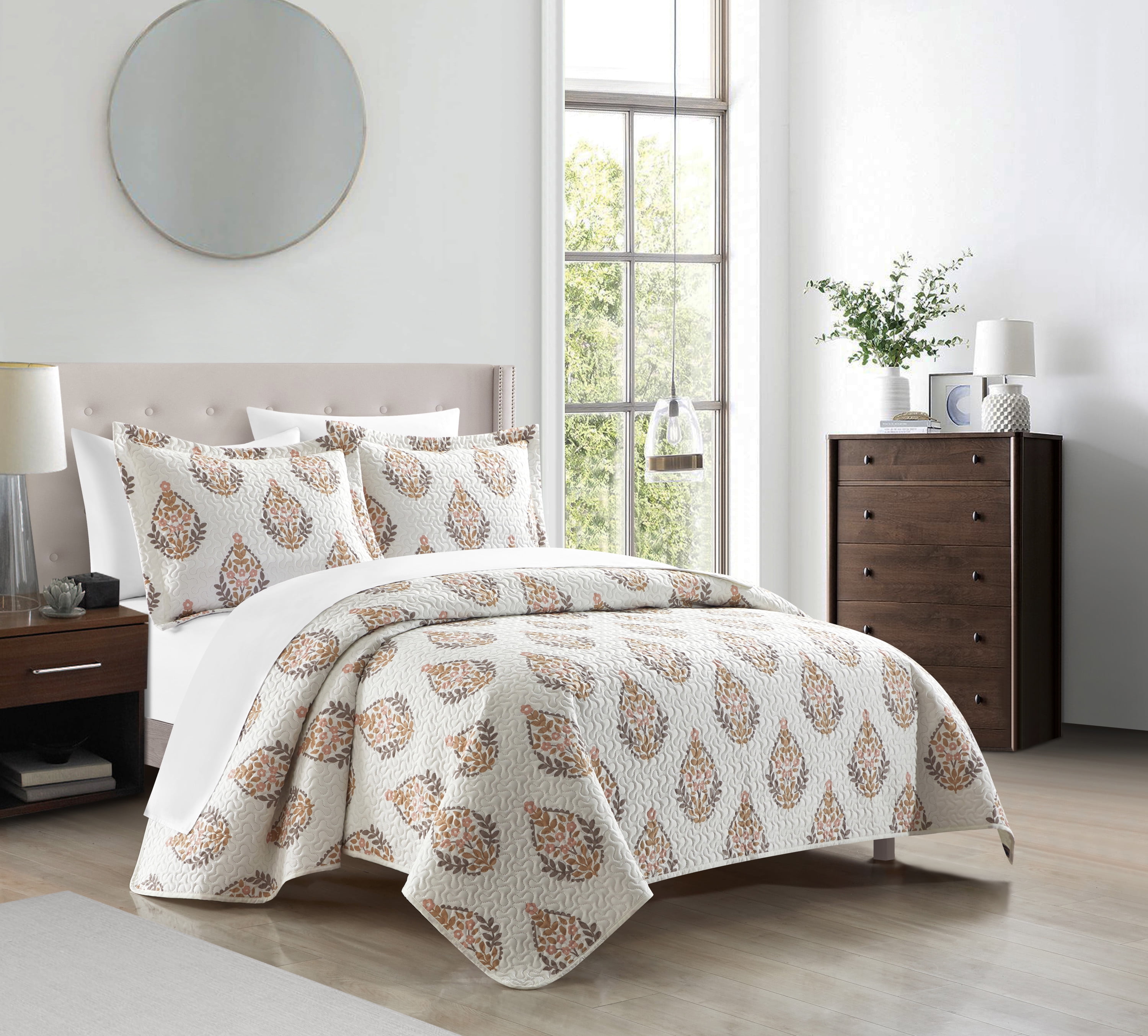 Chic Home Brennah 3-Piece Floral Quilt Set, Queen, Taupe