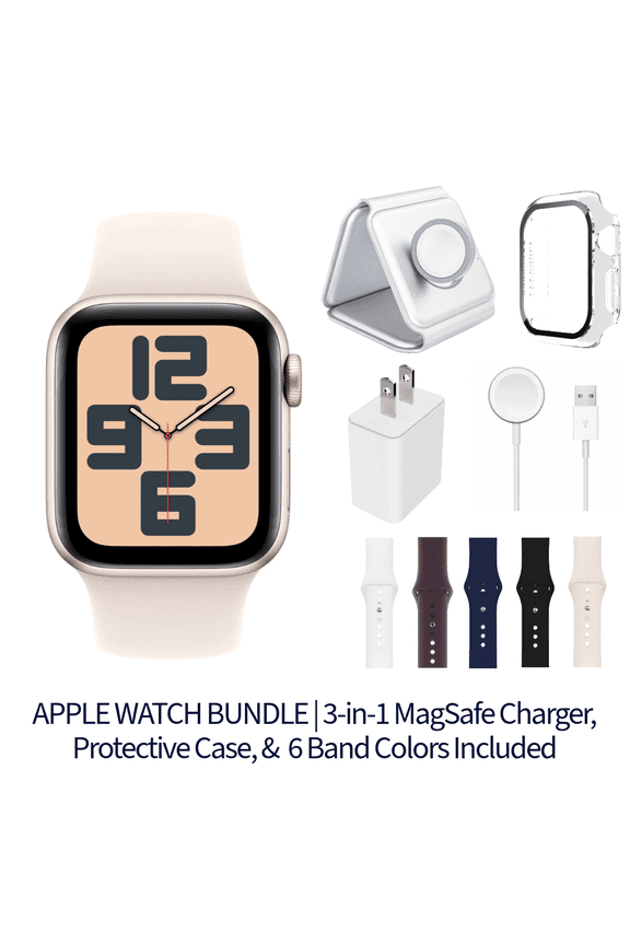 Restored Apple Watch SE 2nd Gen Bundle - 40mm GPS + Cellular Starlight Aluminum (2022) - 3-in-1 MagSafe Charger, Protective Case & 6 Bands Included (Refurbished)