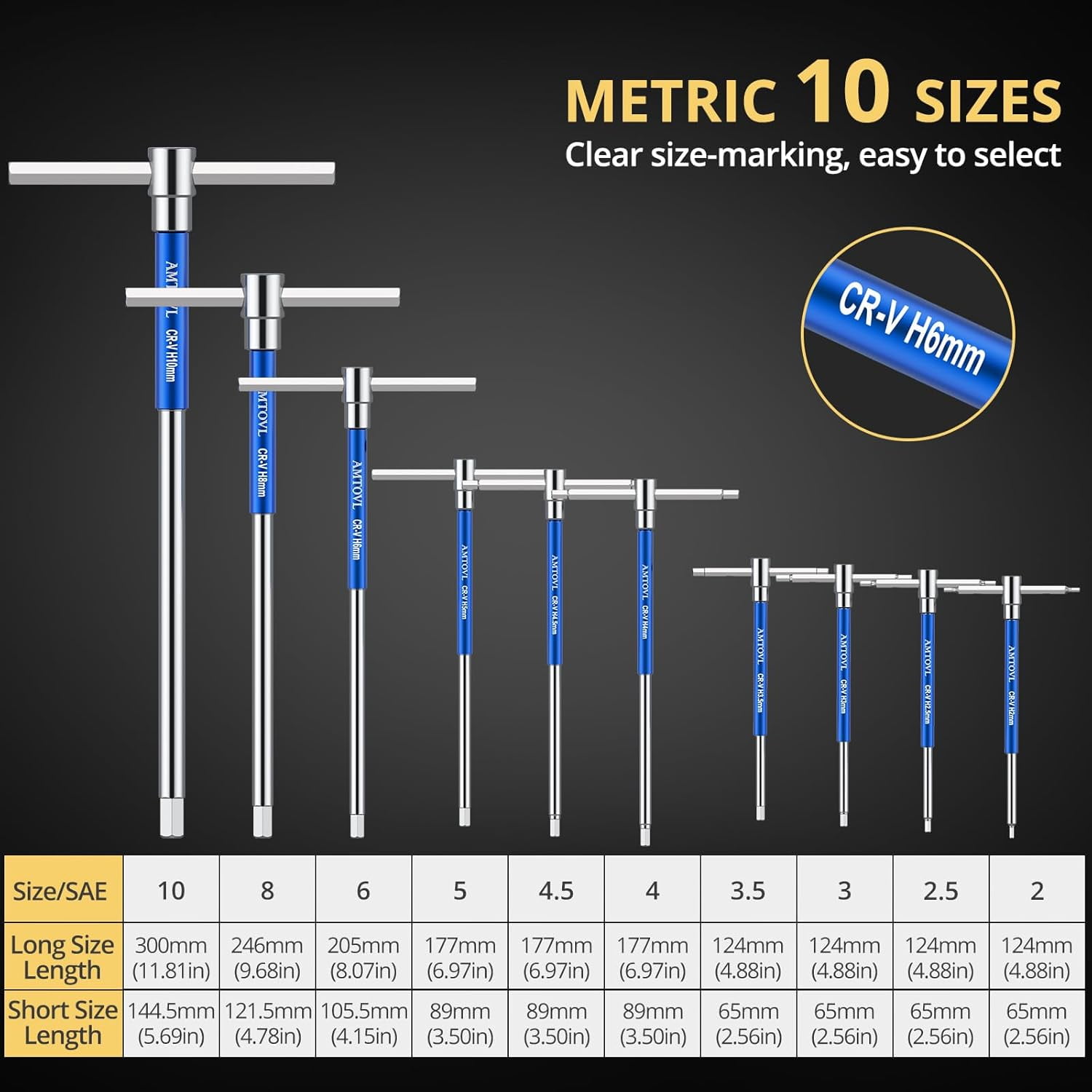 AMTOVL 10-Piece Metric T-Handle Hex Allen Wrench Set: 2mm-10mm CR-V Steel, Sliding 3-Way Design, Aluminum Sleeves & Wall-Mount Rack