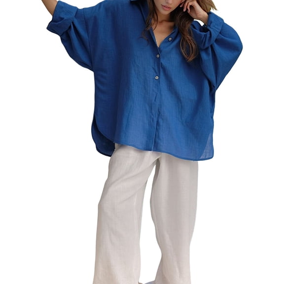 Womens Oversized Collared Drop Shoulder Long Sleeve Button Down Shirt Blue S