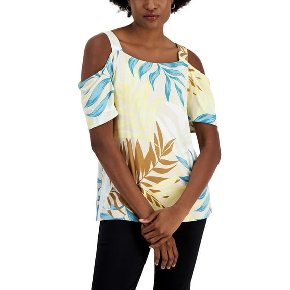 JM Collection Women's Square Neckline Cold-Shoulder Top Taupe Flash Combo (Taupe Flash Combo, XS)
