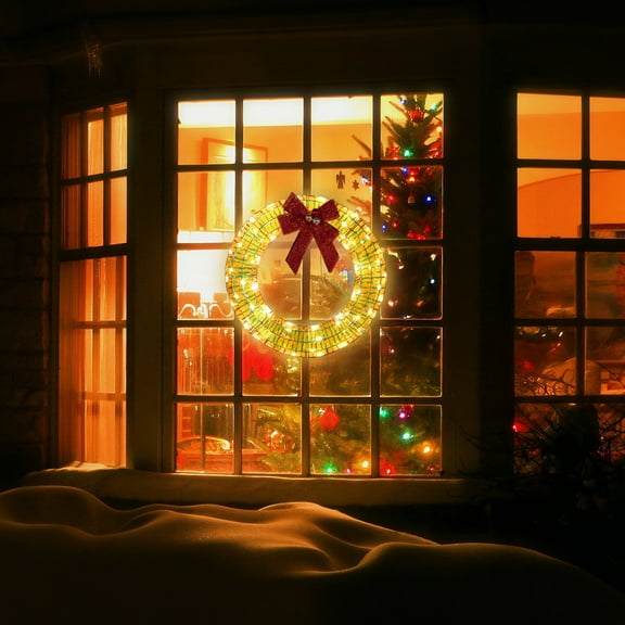 Qiushi 24in Pre-lit Iridescent Outdoor Christmas Wreath with Red Bow, 84 Warm White LED Lighted Metal Wreath, Weatherproof Front Door Wreath for Indoor Outdoor Holiday Decor