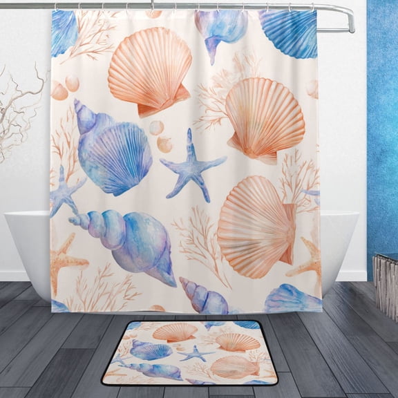 TTYFWHD 60" x 72" Shower Curtain and Bath Mat Set Nautical Beach Marine Art Waterproof Bathroom Curtain with 12 Hooks, Bathroom Decor Set