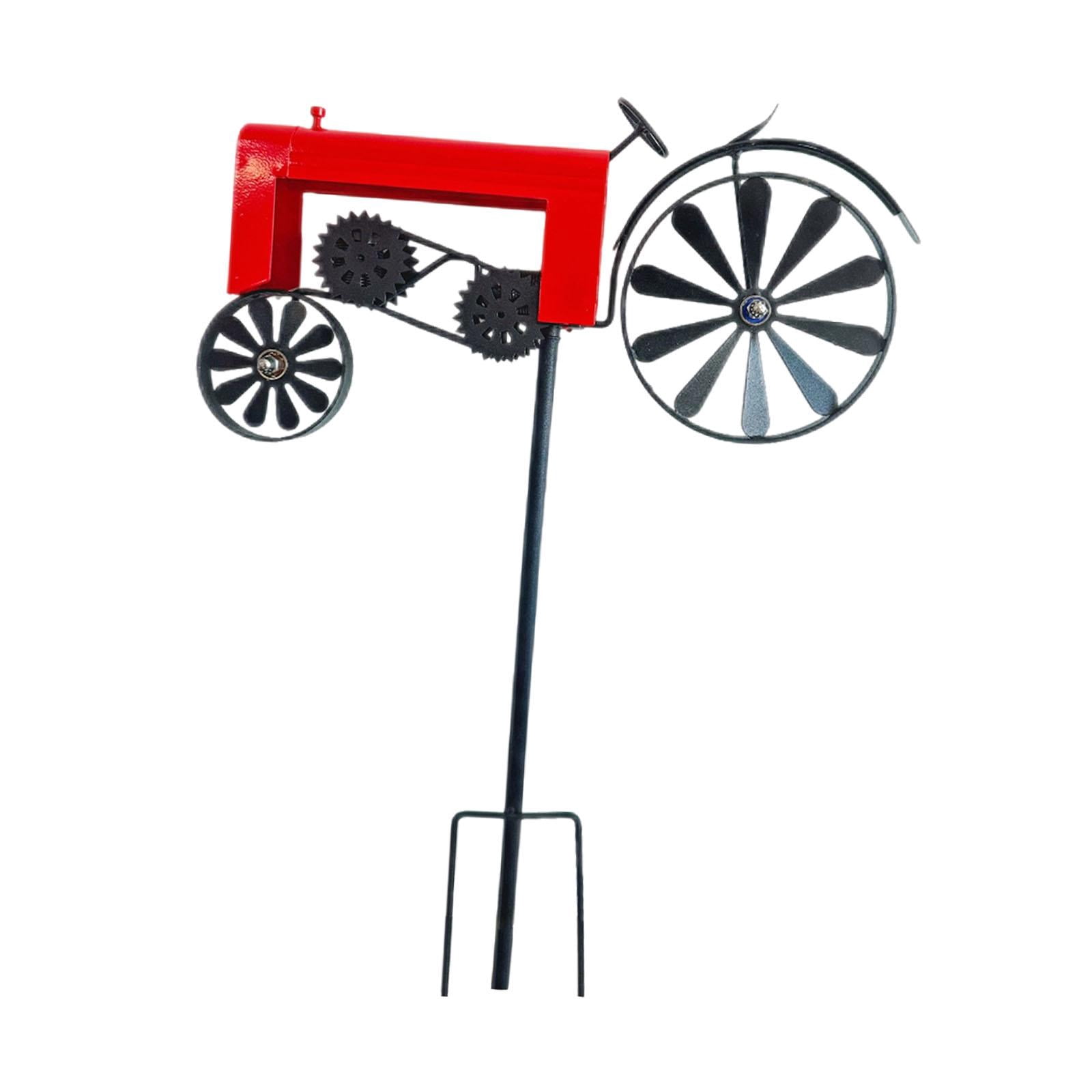 koolsoo Garden Tractor Windmill Ornament Iron Art Sculpture Vintage Tractor Wind Garden Stake for Home Yard Indoor Patio Path red