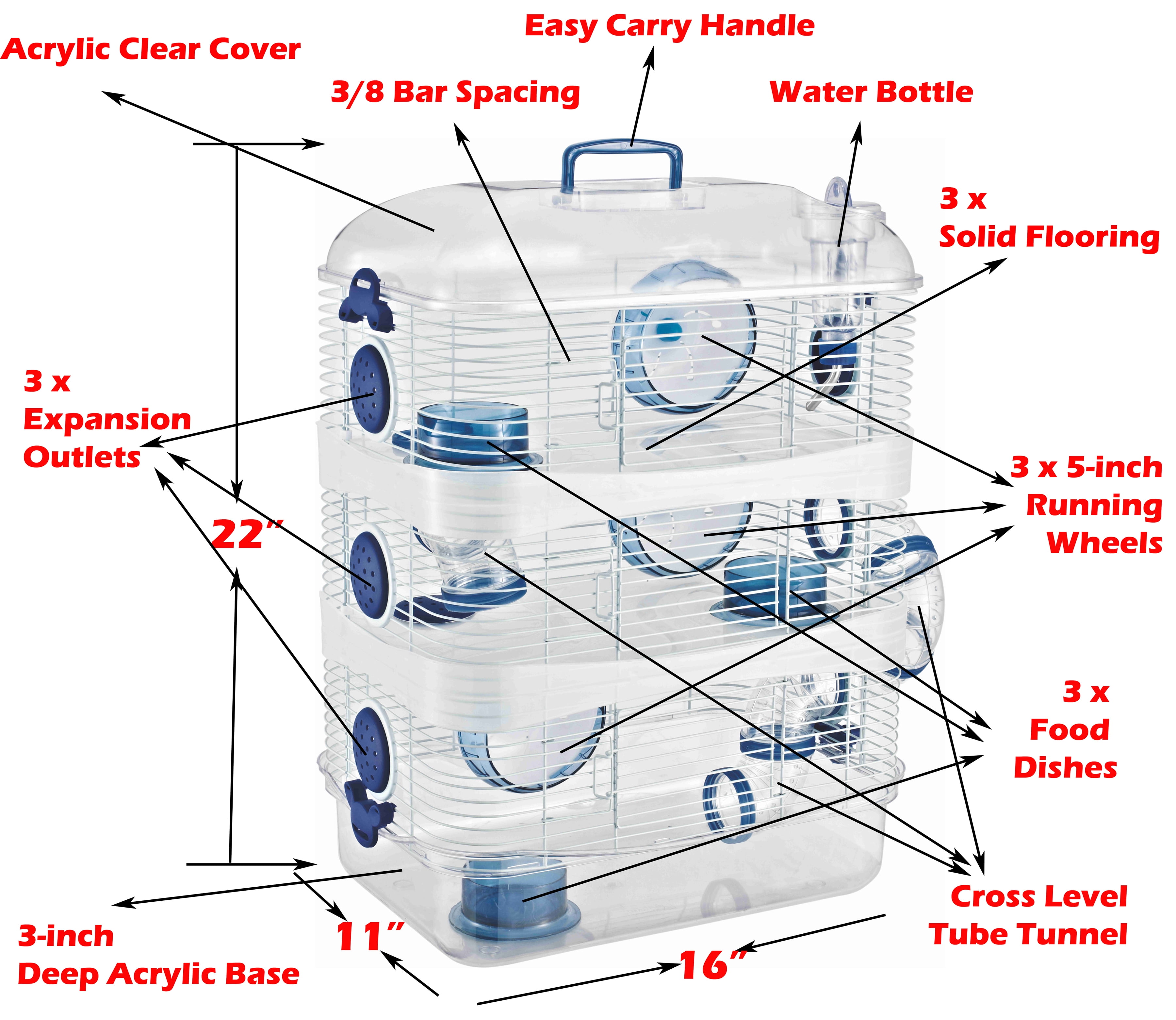 Acrylic Clear Expansible and Customizable 3-Solid Story Acrylic Clear Hamster Habitat Home House Cage For Rodent Gerbil Mouse Mice Rat With Accessories