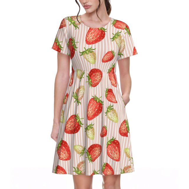 Vsdgher Fraises pour Femmes Été 2025 Robes Midi Décontractées Légères Manches Courtes Col Rond Robe de Plage