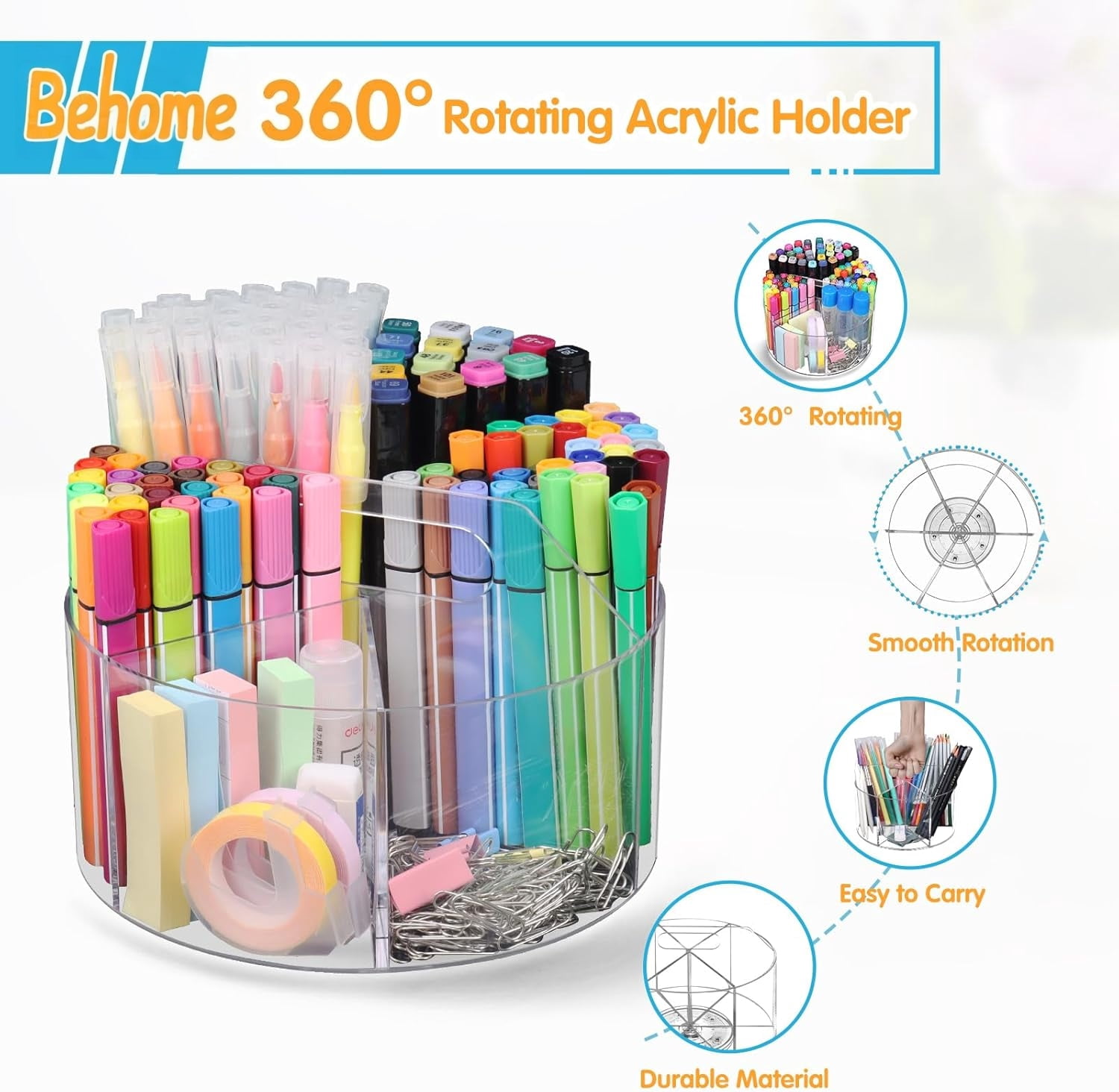 Behome Marker Organizer, 360-Degree Rotating Pencil Holder, Rotating Desk Acrylic Office Organizer with 6 Compartments, Art Supply Storage Organizer for School Home