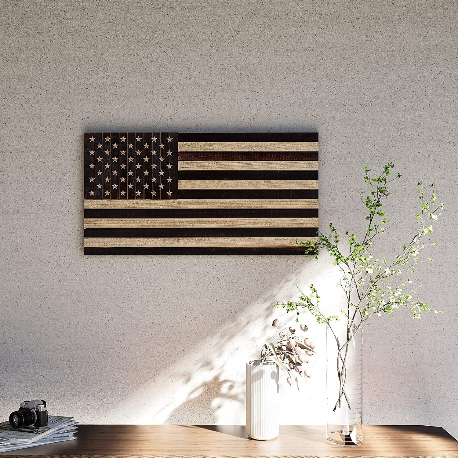 CONSDAN Wooden American Flag Wall Decor, Handcrafted Wall Art, USA Grown Hardwood, Rustic Wood Wall Flags, American Flag Wall Art, American Flag Decor | Regular Color, 37"x19.5"