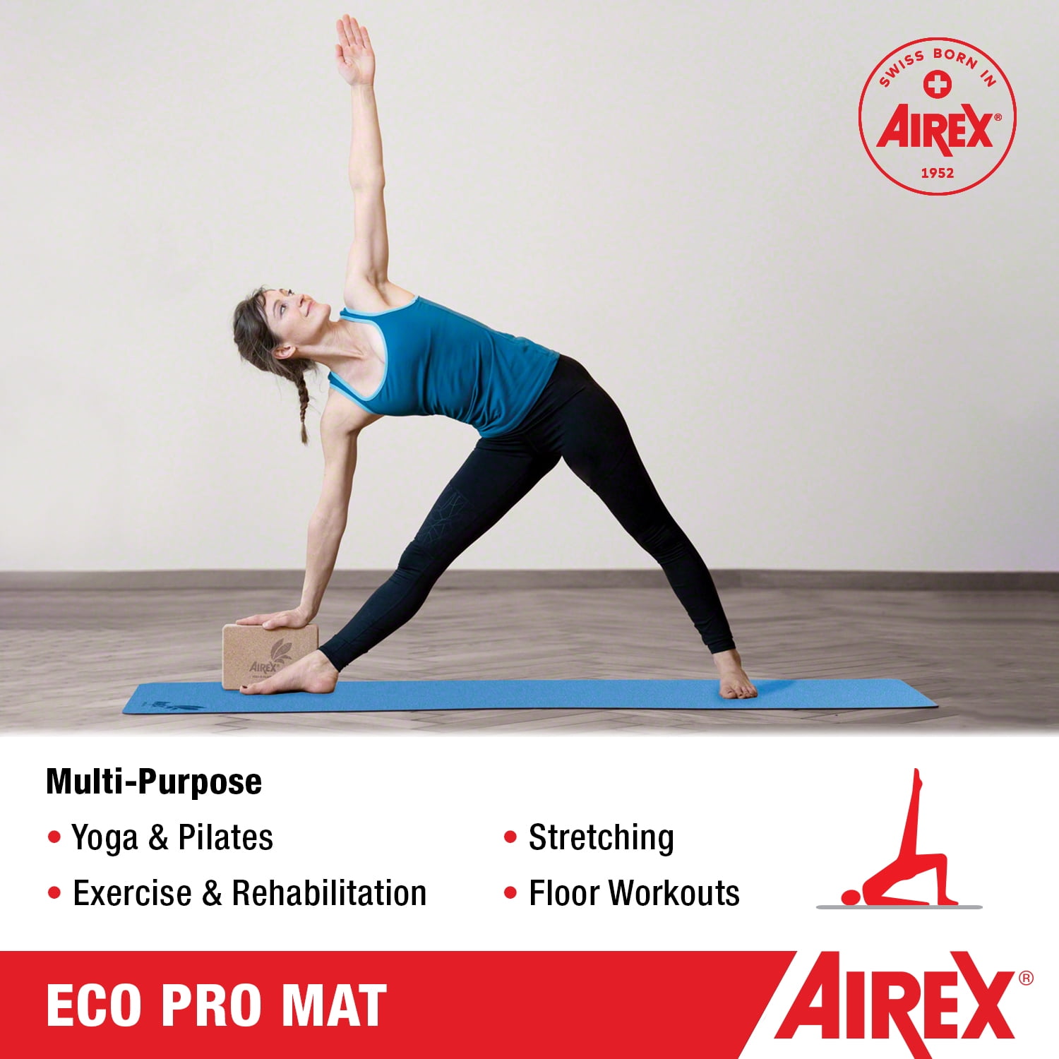 AIREX Exercise Eco Mat Fitness for Yoga, Physical Therapy, Rehabilitation, Balance & Stability Exercises - Available in Multiple Colors & Sizes - Eco Pro, Blue