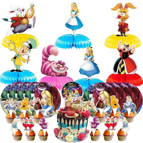 Alice in Wonderland Party Supplies Decor Plates Fans Decorations Honeycomb Centerpieces Cake Toppers