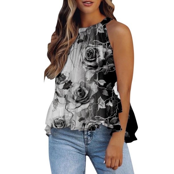 Gibobby Mujeres Casual Impreso Encaje Cuello redondo Ruffle Hem Chaleco Camisole Swing Neck Printed Summer Tops(Gris,XG)