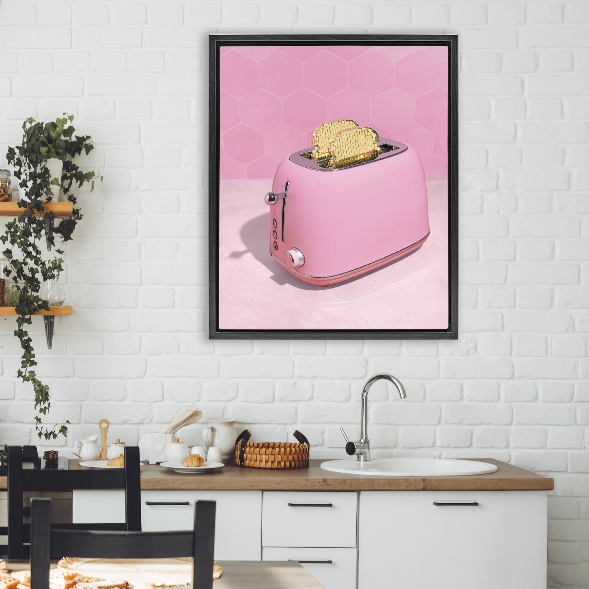 Stupell Industries Golden Toaster over Pink Black Framed Floater Canvas Wall Art, design by LISH Creative