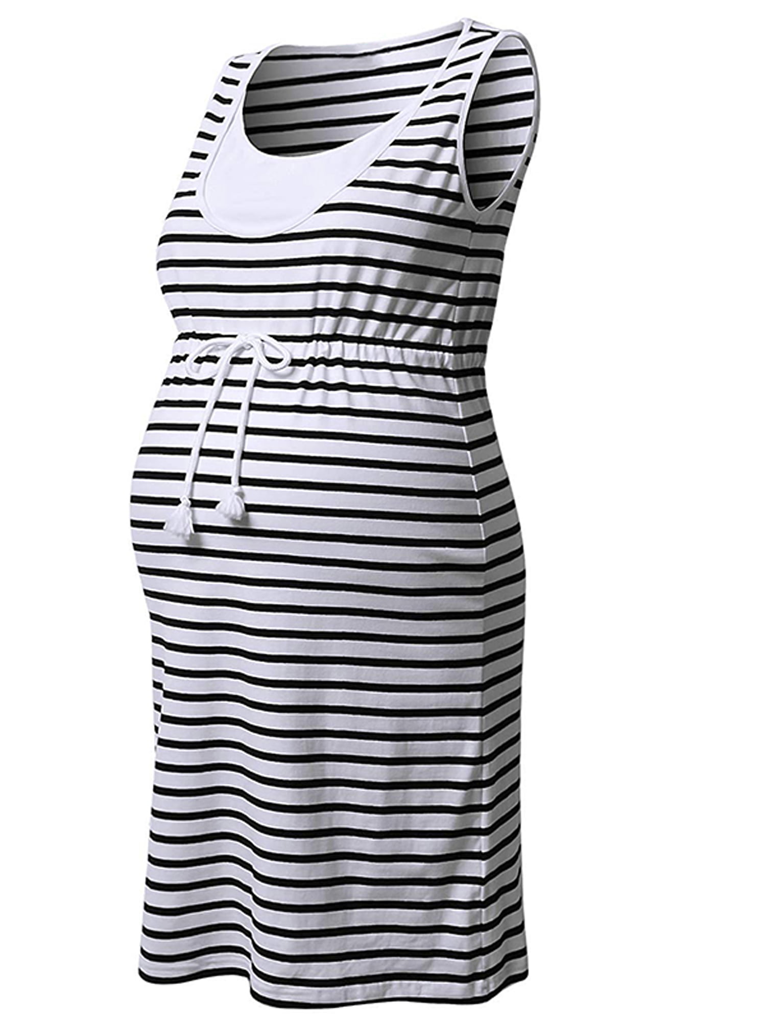 Maternity Nursing Breastfeeding Summer Beach Casual Cotton Linen Sleeveless Midi Dress with Side Pockets