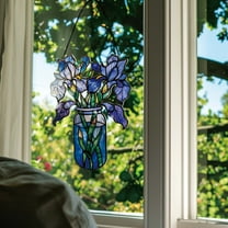 Vggrvlo Stained Glass Window Hanging Iris Pot Iris Plant Suncatcher for Women, Mom, Grandma Gift for Women Light Catcher Sun Room Decor Village Style
