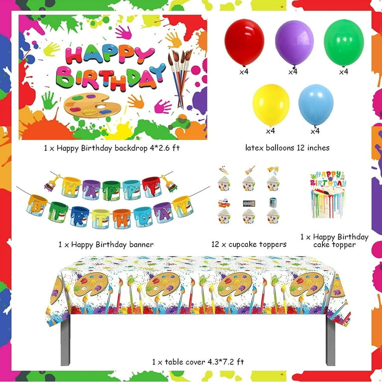 Art Paint Birthday Party Decorations - Paint Birthday Backdrop, Tablecloth,  Happy Birthday Banner, Cake Cupcake Toppers, Balloons for Art Painting