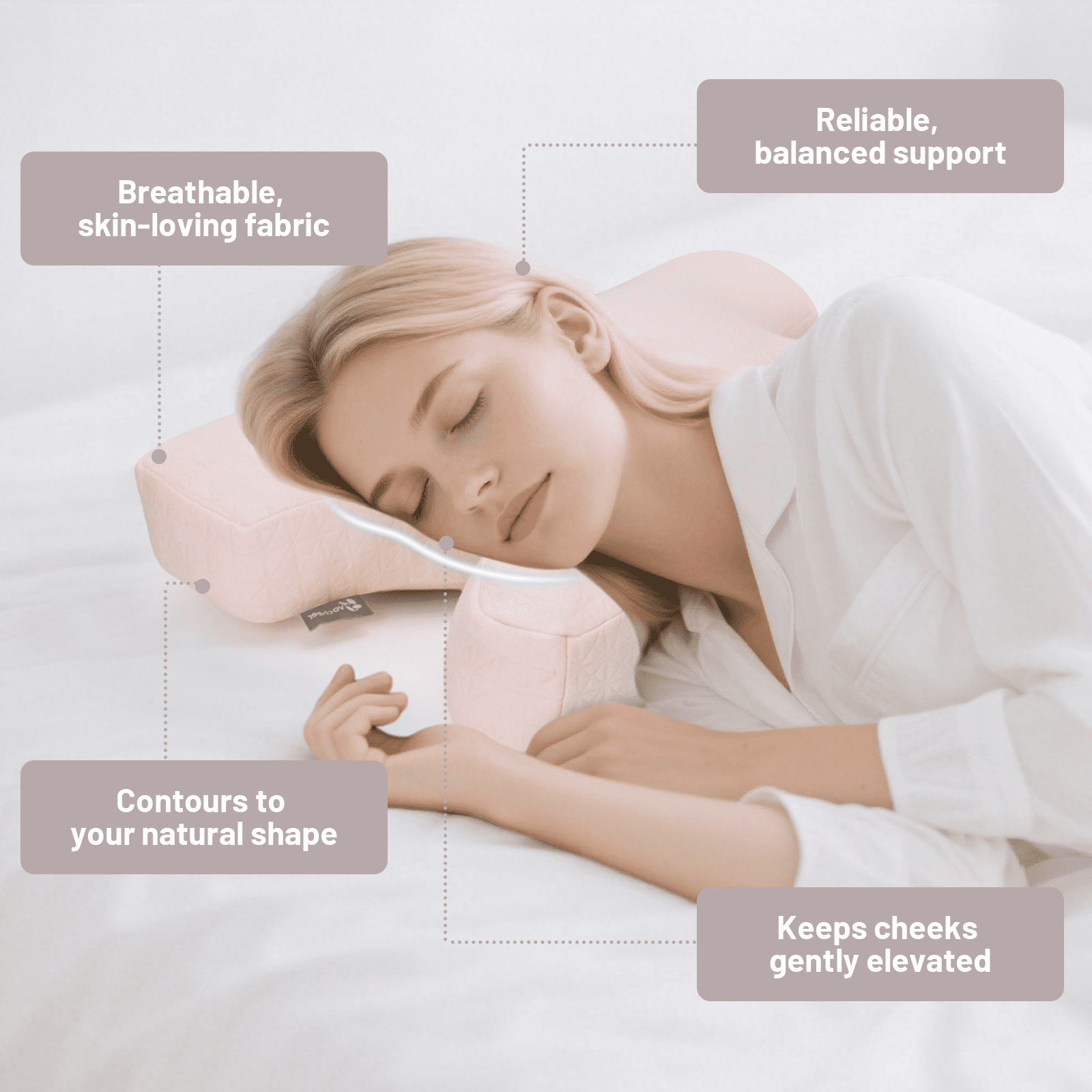 RoamReady Anti Wrinkle Anti-Aging Side Sleeper Pillow, Soft Neck Support Pain Relief Sleep Aid Beauty Pillow, Pink