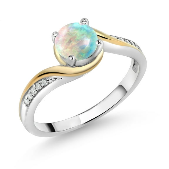 Gem Stone King 925 Silver and 10K Yellow Gold Ring Round Cabochon White Simulated Opal and Moissanite (0.35 Cttw, Size 6)