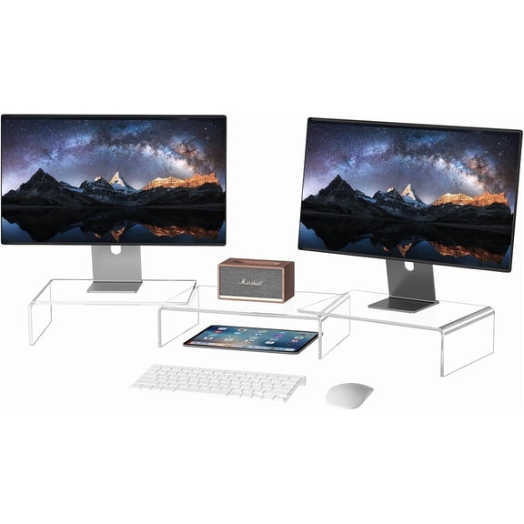 X-cosrack Clear Acrylic Monitor Stand Riser, 3 Shelves Adjustable Dual Monitor Stand with Anti-Slip Mat, Premium Desk Organizer for Home Office, Laptops, PCs, Printers, TVs