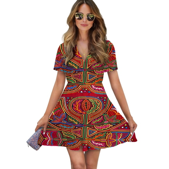 Mola De Panama Flower Women Dress V-Neck Short Sleeve Flowy Swing Party Midi Dress