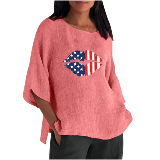 Blusa de lino con cuello redondo y mangas tres cuartos para mujer con estampado de bandera a la moda Pompotops hfajkhk133428