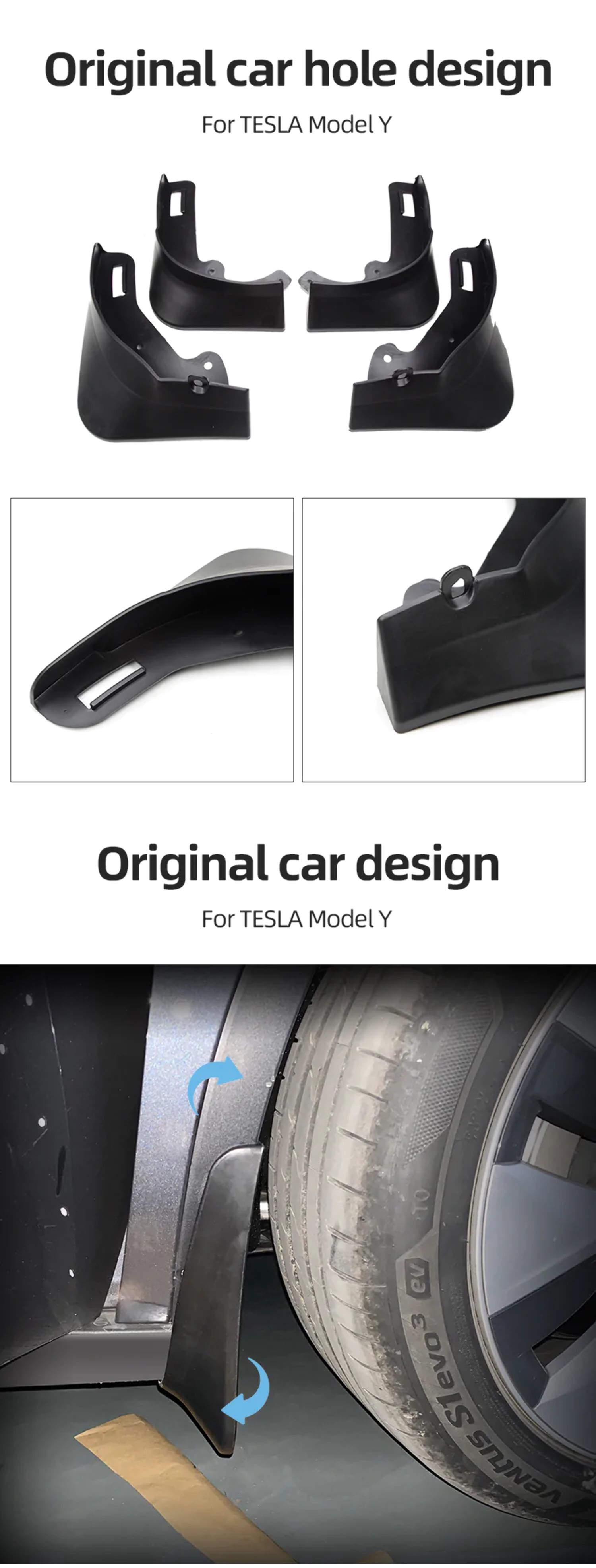 Tesla Model Y Mud Flaps, No Drill, Front  Rear, 2020-2024