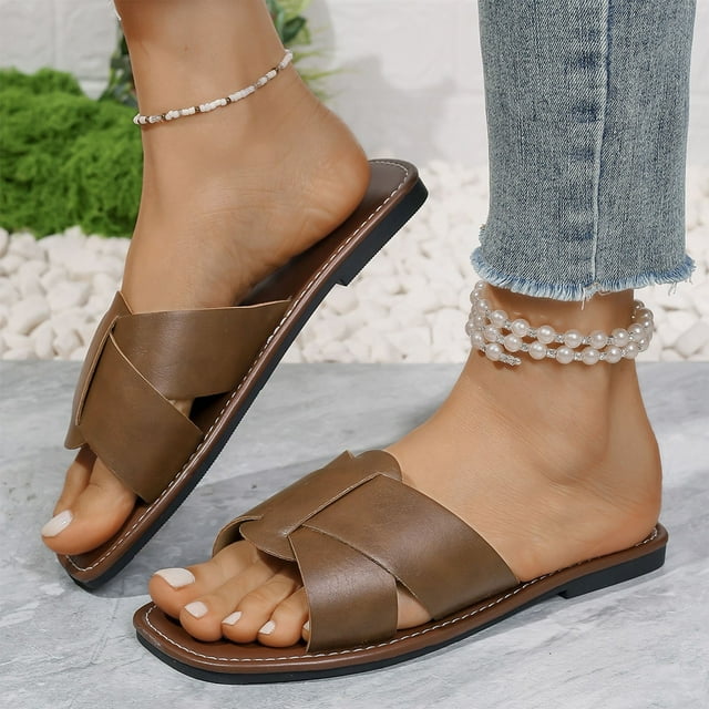 Konbeca Sandales Plates pour Femmes Antidérapantes à Bout Ouvert Mode Décontractée Style Été Extérieur Couleur Unie Rétro Sandales de Plage à Bout Ouvert