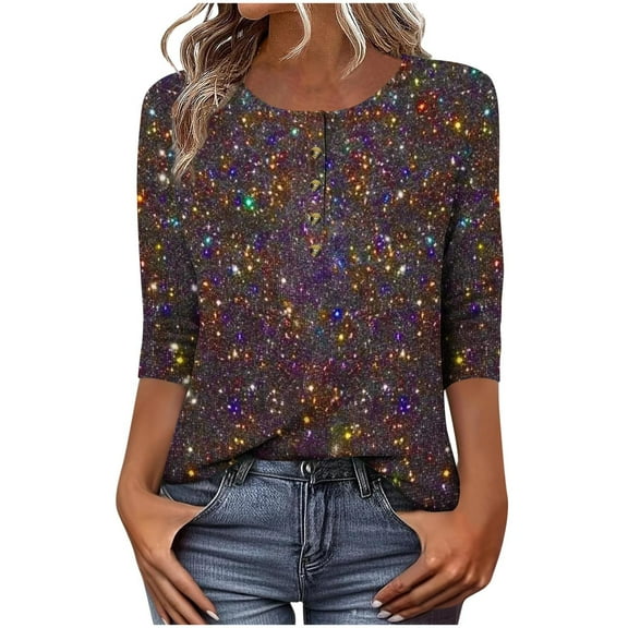 Women's 3/4 Sleeve T-shirt Shining Glitter Tees Half Button Pullover Trendy 2025 Tops Round Neck Knit Shirts Casual Comfy Outfits Colorful Pullovers