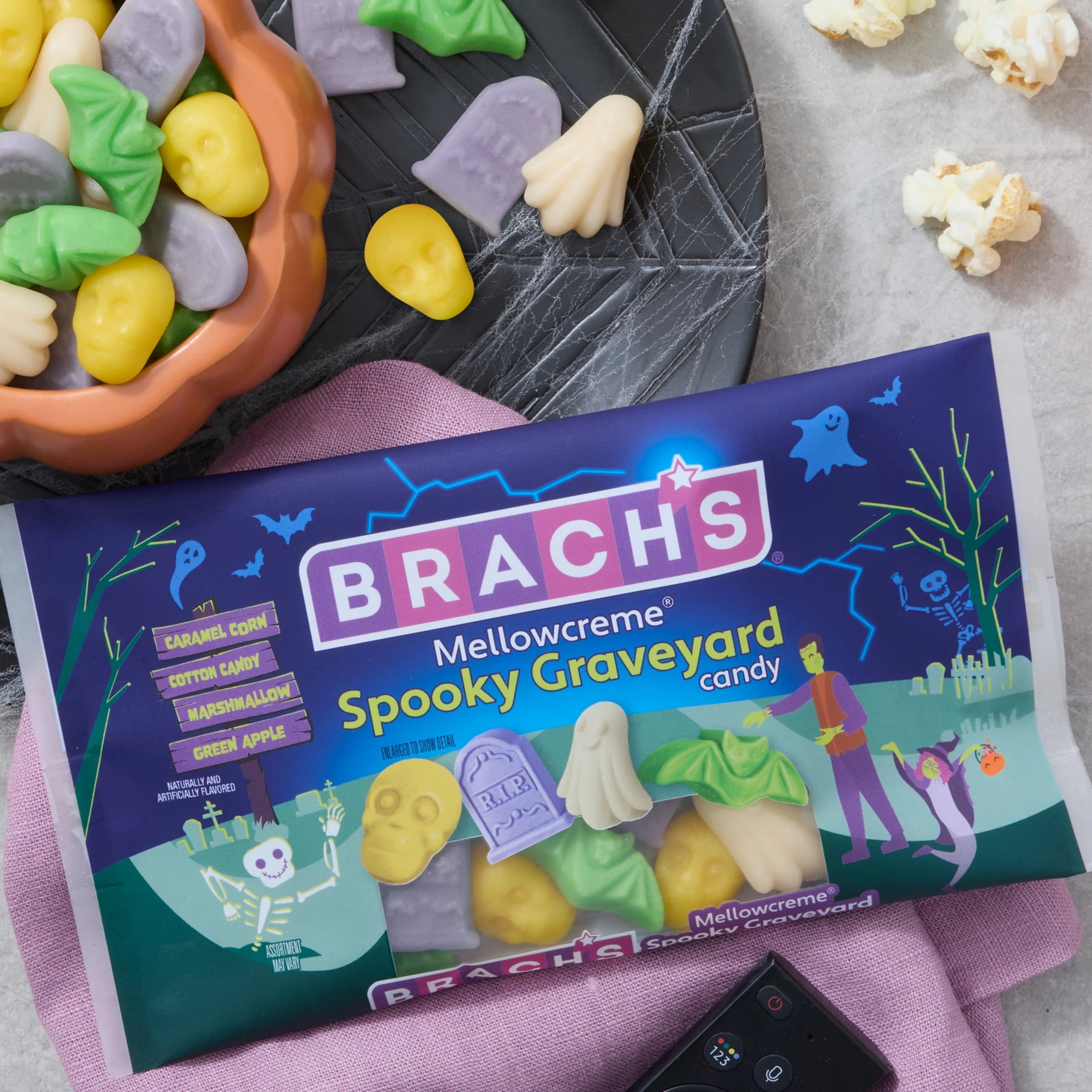 Brach's Mellowcreme Spooky Graveyard Halloween Candy, 4 Flavors and 4 Shapes, 8 oz Bag