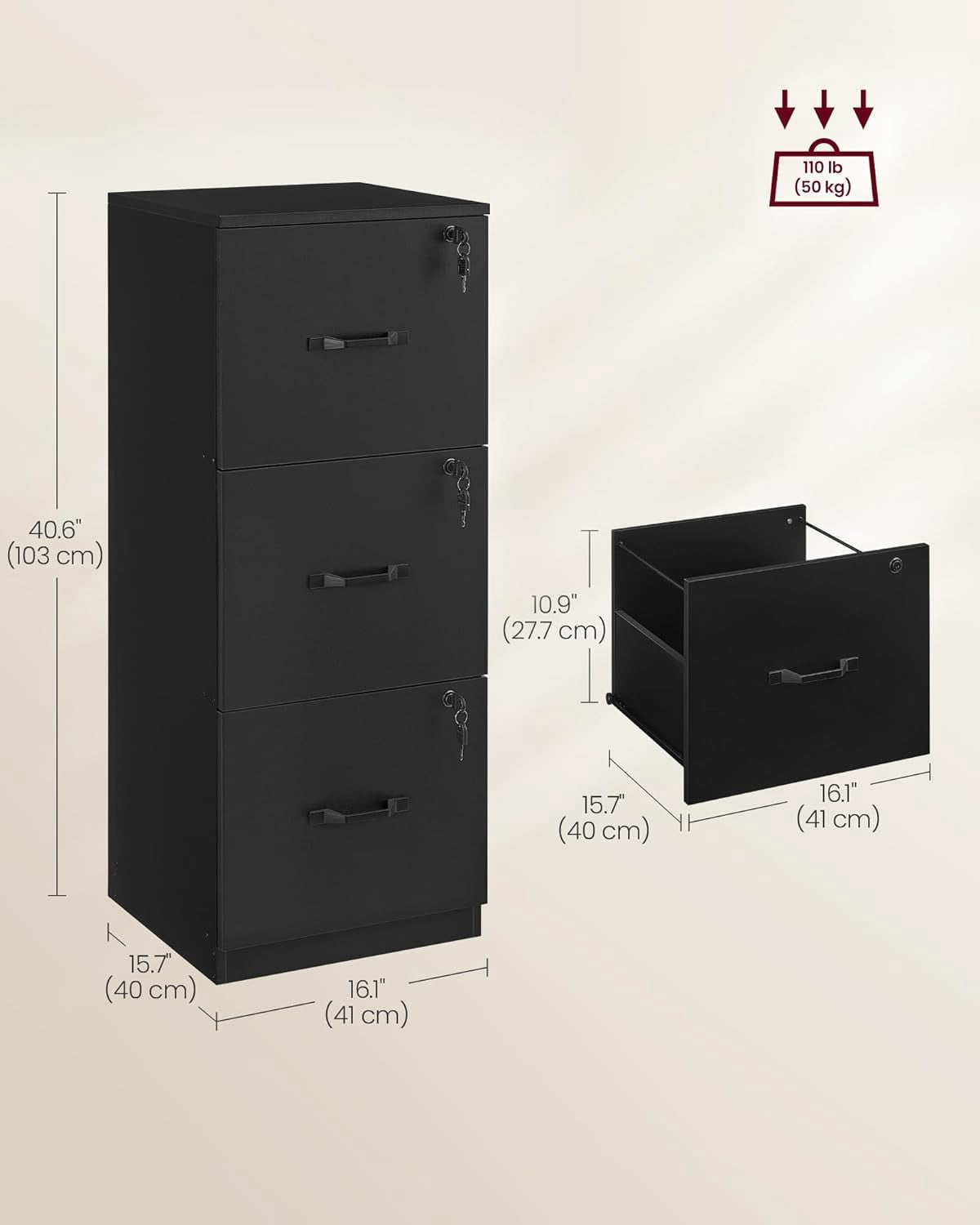 File Cabinet, Printer Stand with 3 Lockable Drawers, Adjustable Hanging Rails, For Folders,Ink Black