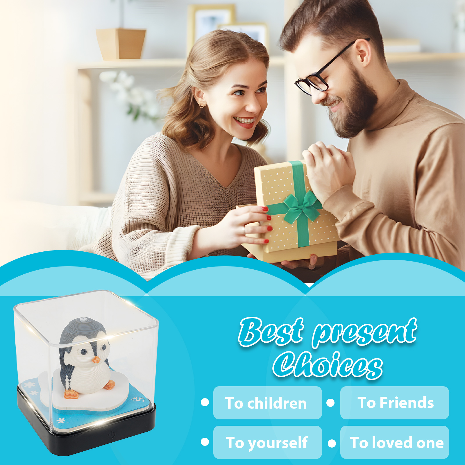 3D Calendar 2026 with LED Light Tear Away Paper Art Notepad Desk Time Piece Calendar with Acrylic Box Creative Present