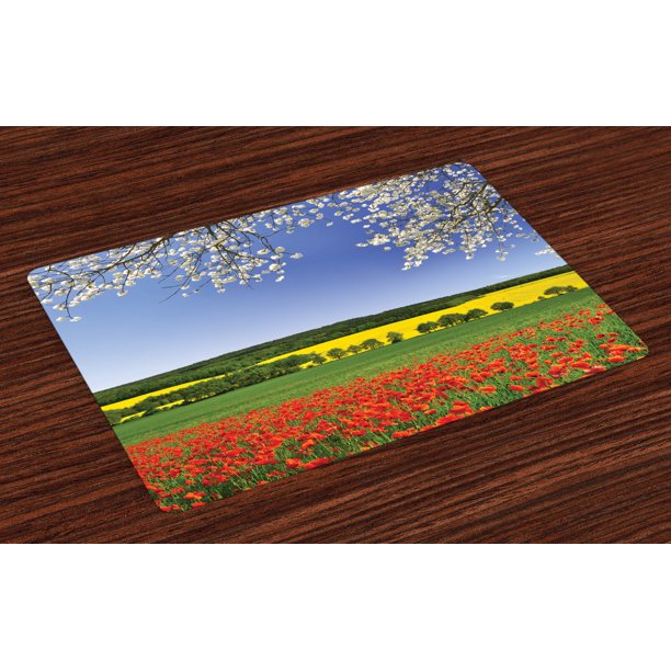 Flower Placemats Set of 4 Poppy Field with a Spring Landscape and