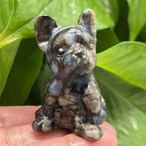 EOEMY Natural Blue Amphibole Stone Quartz Crystal French Bulldog Carved Mini Pet Decor