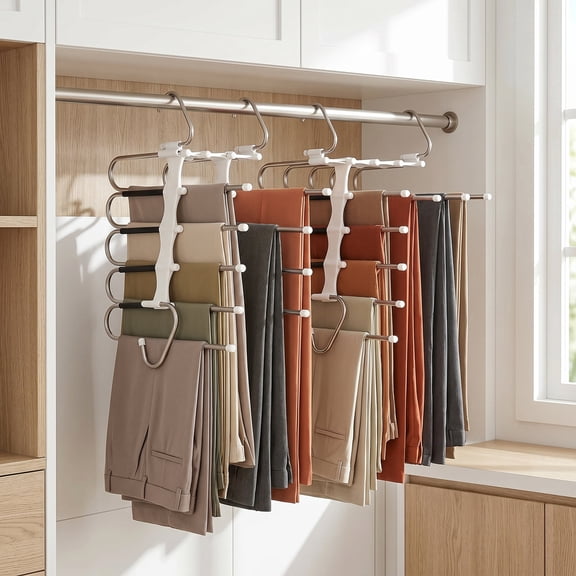 Pants Hangers Space Saving 5 Tier - 2 Pack Closet Organizers and Storage Closet Organizer,Anti-Slip Design,Closet Organizers and Storage for Pants Jeans Skirts Scarf Legging