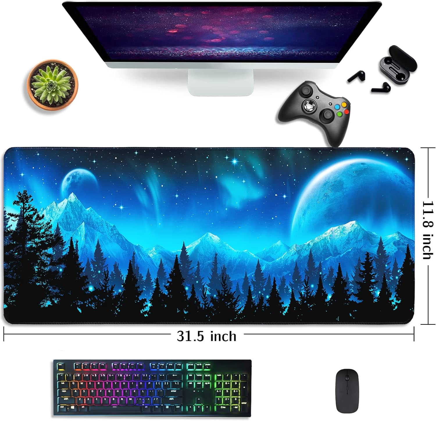 Gaming Mouse Pad, Mouse Pad Large, Keyboard and Mouse Pad, 31.5" x 11.8" XL Mouse Pad, Non-Slip Office Computer Keyboard Mousepad, Desk Pad Large - Moon Mountain Forest