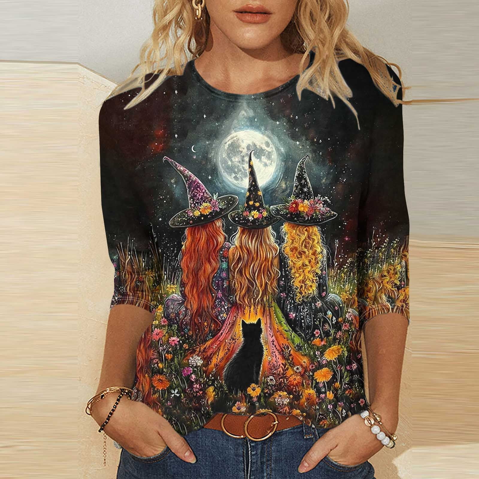 T-shirt Oversize Halloween Femme Manches 3/4 - Imprimé Sorcière Nuit - Pull Décontracté Confortable Col Rond