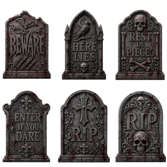 Yalumo Halloween Tombstone Decorations Outdoor, 6 PCS 17" Graveyard Tombstones with Stakes for Lawn Garden Cemetery Halloween Party Decor