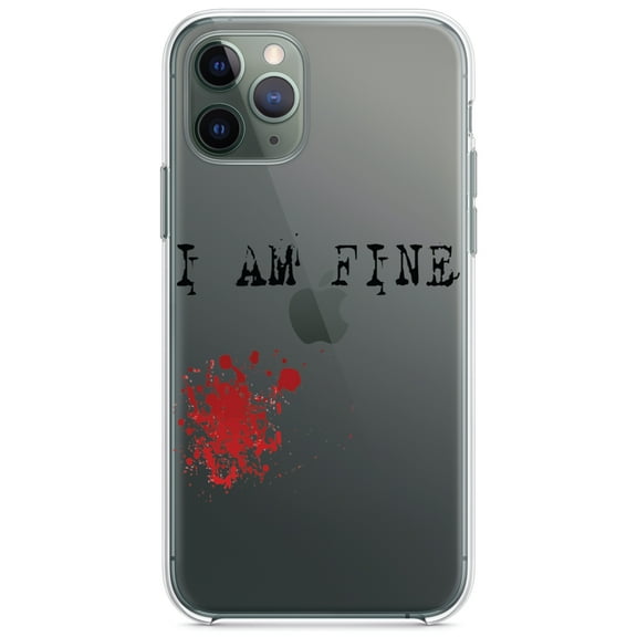 DistinctInk Clear Shockproof Hybrid Case for iPhone 11 Pro MAX (6.5" Screen) - TPU Bumper Acrylic Back Tempered Glass Screen Protector - I Am Fine - Blood Splatter