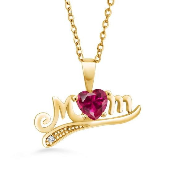 Gem Stone King 18K Yellow Gold Plated Silver Red Created Ruby and White Diamond MOM Pendant for Women (0.61 Cttw, Gemstone July Birthstone, Heart Shape 5MM, 18 inch Chain)