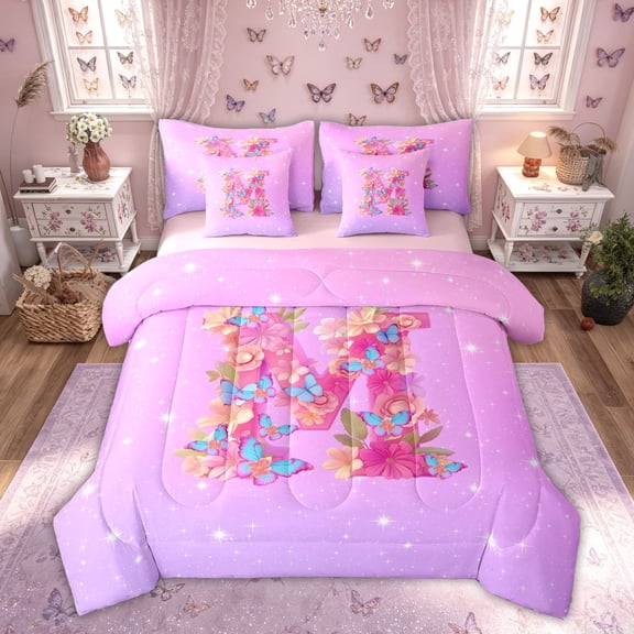 Manfei Floral Butterfly Letter M Twin Bedding Sets, Sparkle Print Pink Bedding Comforter Set for Girls Women, Pink Reversible, 7 Pieces