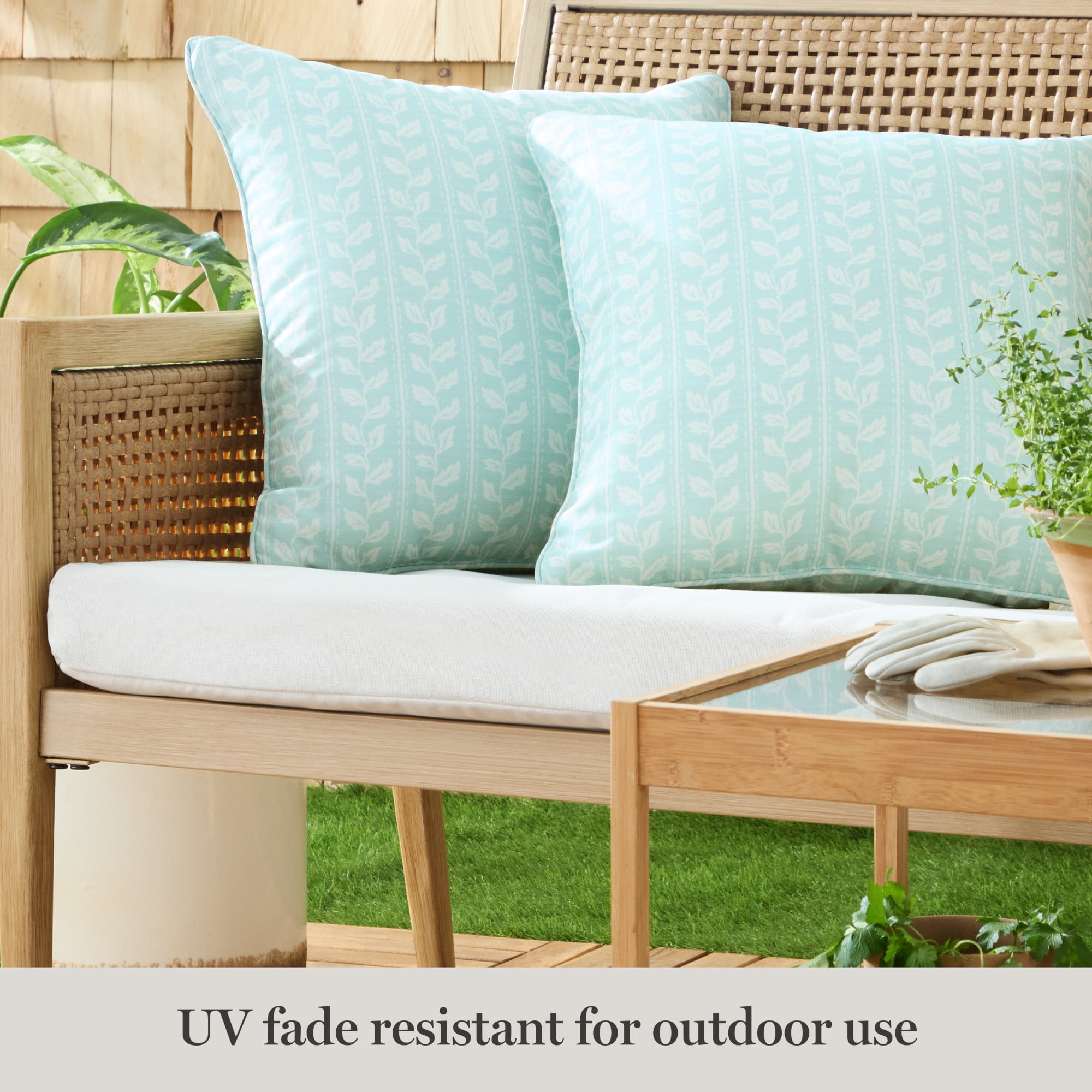MARTHA STEWART Vineyard Vines Indoor Outdoor Decorative Pillow 2-Pack Set, UV Fade Resistant, Water Repellent, Printed Garden Design, Aqua Blue, 18"x18"