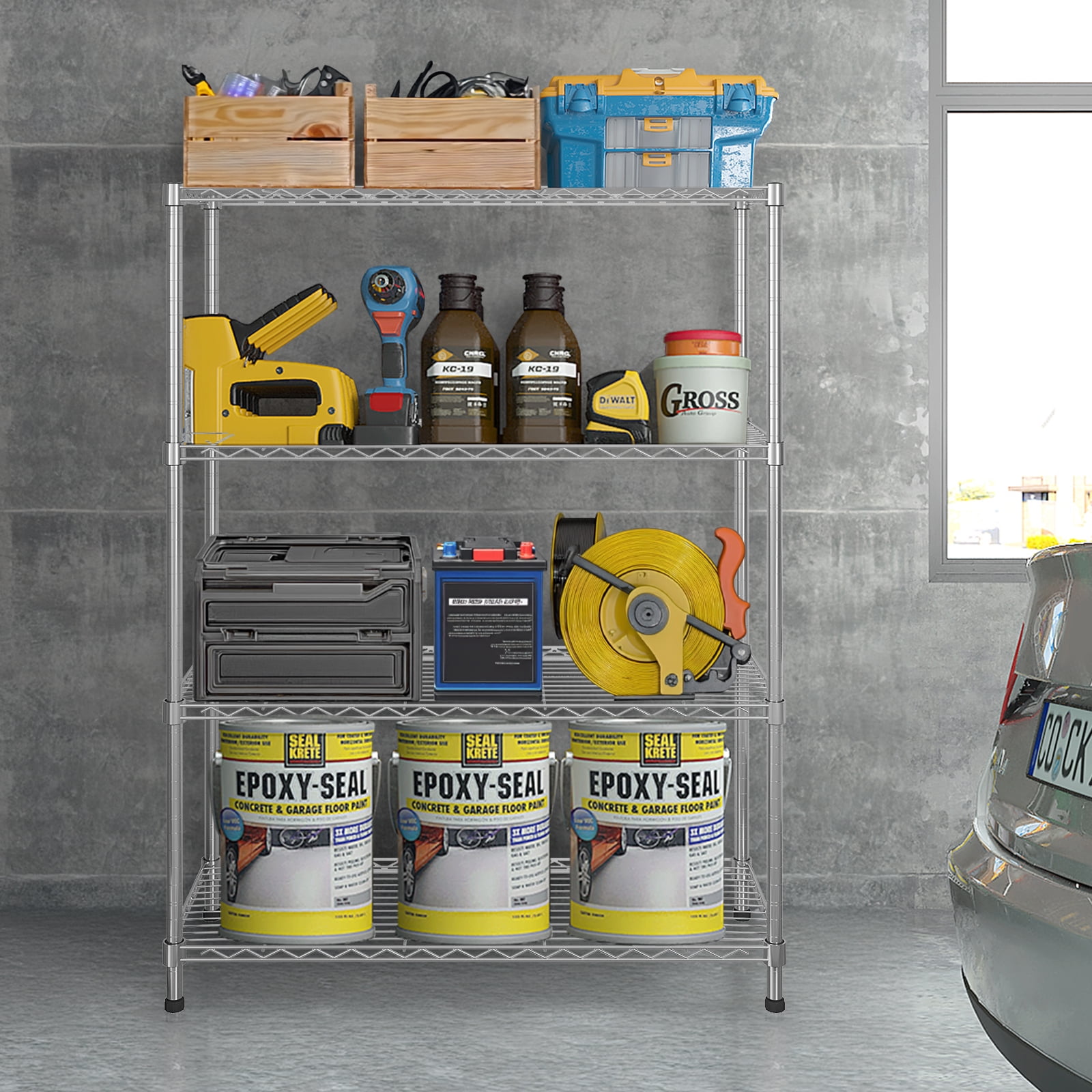 Ktaxon 4-Tier Metal Shelving Unit, Adjustable Shelf Organizer for Garage Kitchen, Storage Rack Capacity for 1100 lbs, 36"W x 14"D x 47"H, Chrome Bright Silver