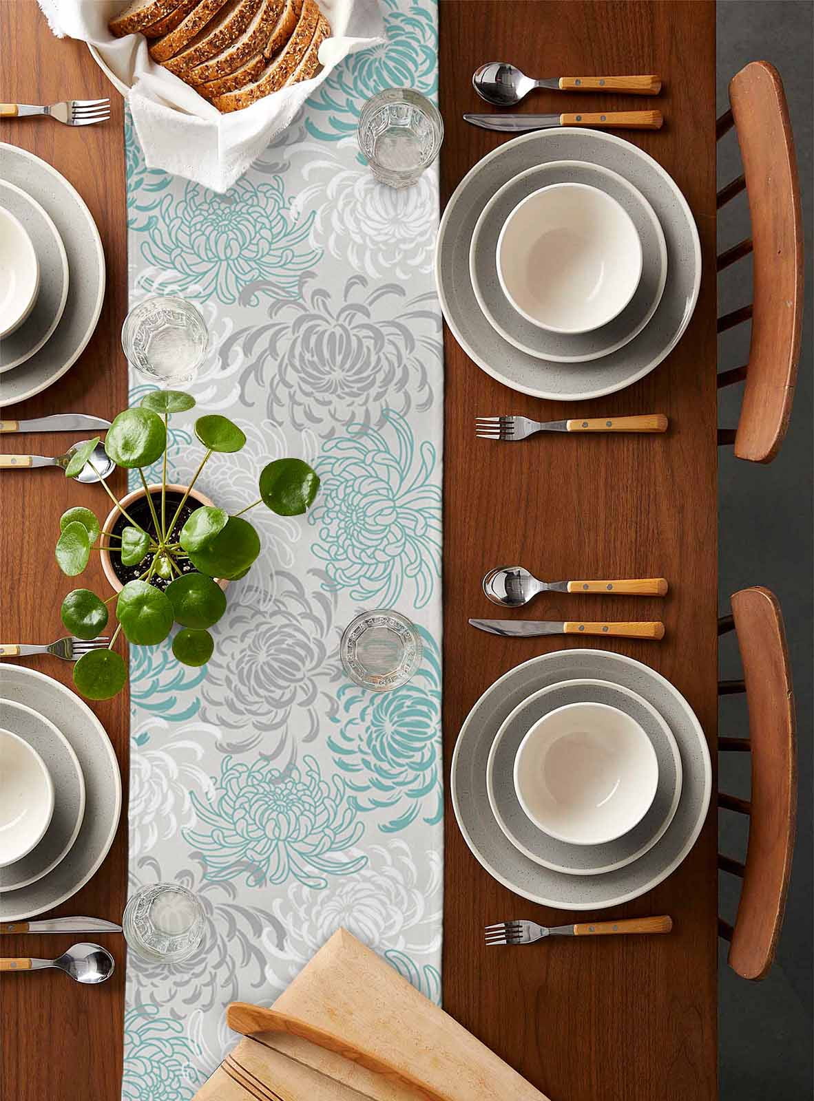 Table Runners 48 Inches Long Dress Scarves, Aqua White Farmhouse Kitchen/Dining Table Runner, Short Coffee Tablerunners, Abstract Grey Chrysanthemum Flower Floral 13x48 Inch