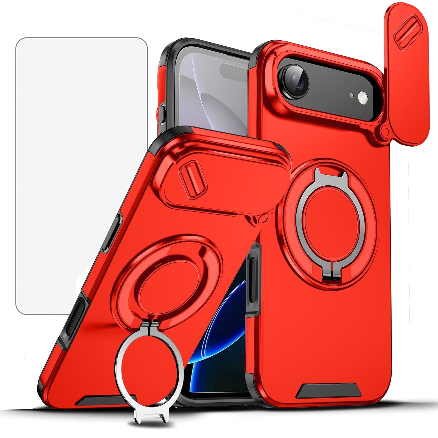 Asuwish Compatible with iPhone 17 Air 6.5 inch Phone Case Slide Camera Cover Tempered Glass Screen Protector Stand Ring Holder Rugged Slim Cell for i Phone17 i17 17Air Women Men Red