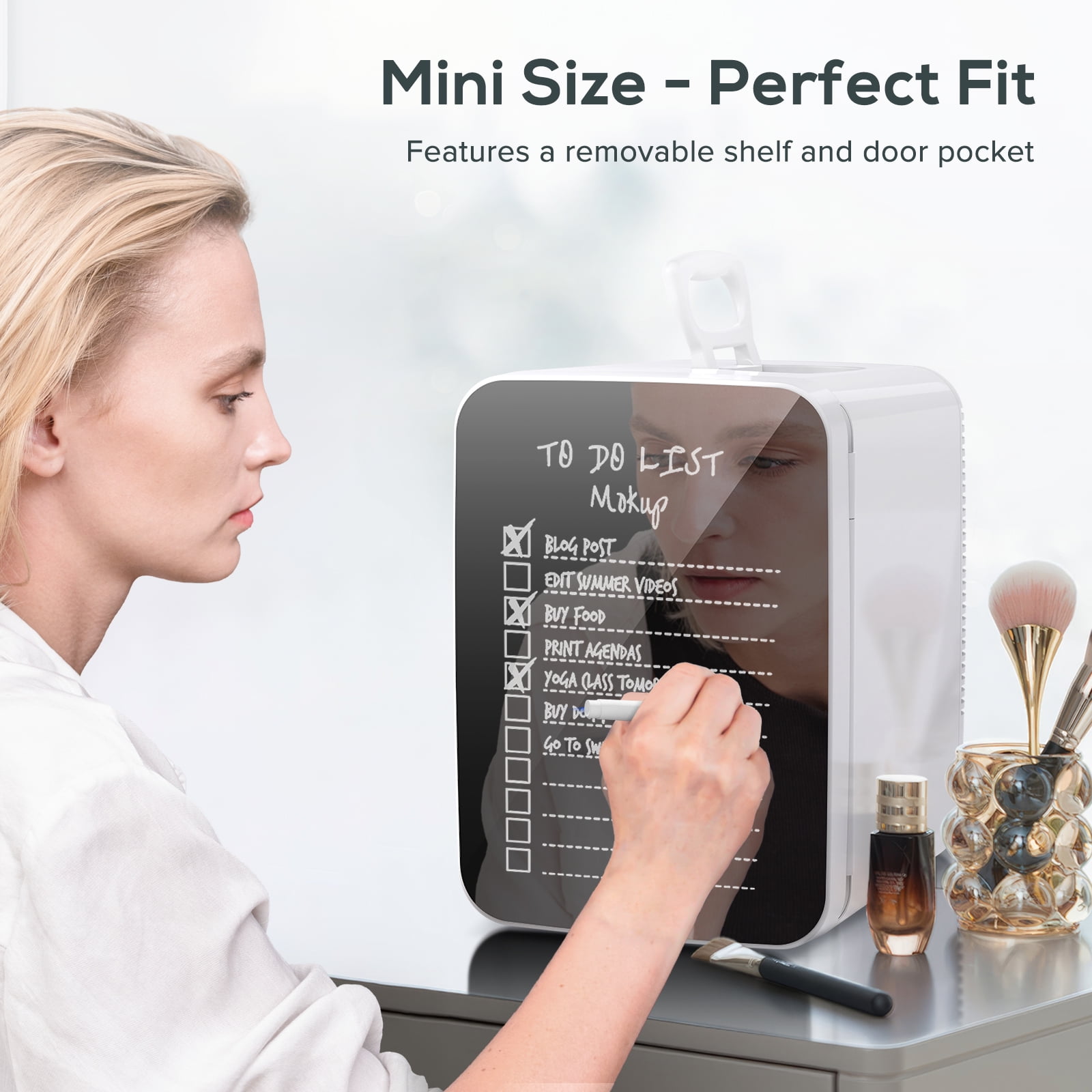 Auseo Mini Fridge for Bedroom, Portable Cooler for Cosmetics, Food & Drinks, Temper Glass Door with Doodle Pen, 12V DC/120V AC, for Skincare, Makeup, Car, Dorm Room, 10 Liter, White