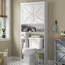 Furnihold Over The Toilet Storage Cabinet with Shelves and Doors, 32.3''W Free Standing Toilet Shelf Space Saver with Anti-Tip Design and Adjustable Bottom Bar, White