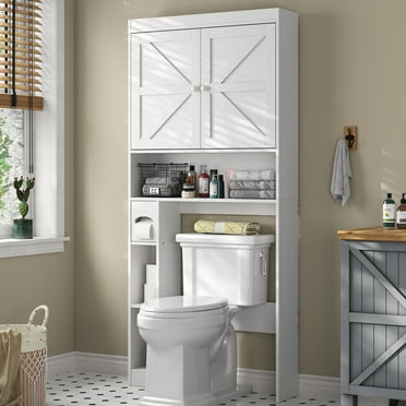 Furnihold Over The Toilet Storage Cabinet with Shelves and Doors, 32.3''W Free Standing Toilet Shelf Space Saver with Anti-Tip Design and Adjustable Bottom Bar, White
