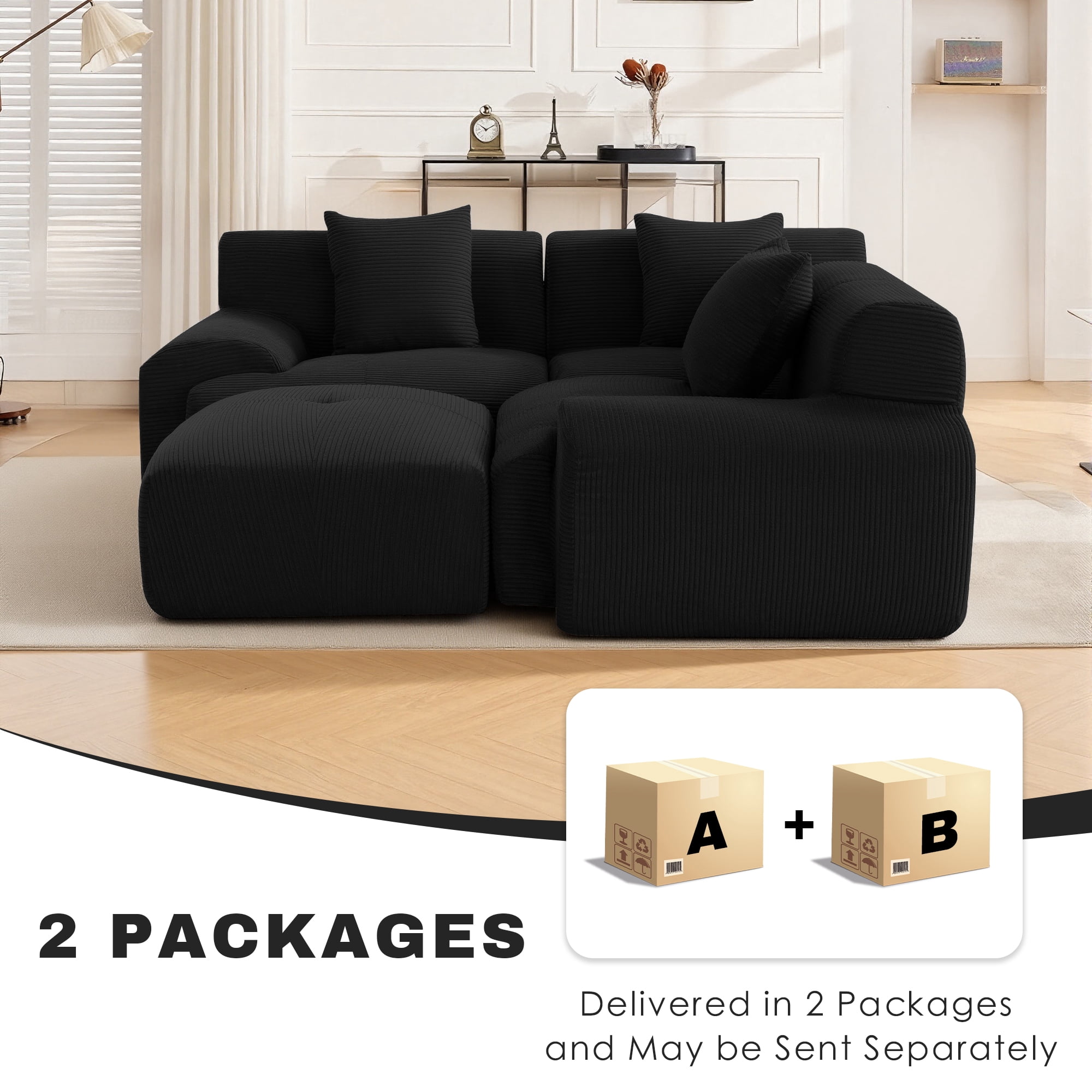 GAOHAPY 107"Modern L Shaped Modular Sectional Sofa, Oversized Corduroy Couch Deep Seat, Boneless Cloud Couch with Ottoman, 30D Sponge for Indoor Living Room, No Assembly Required(Black)