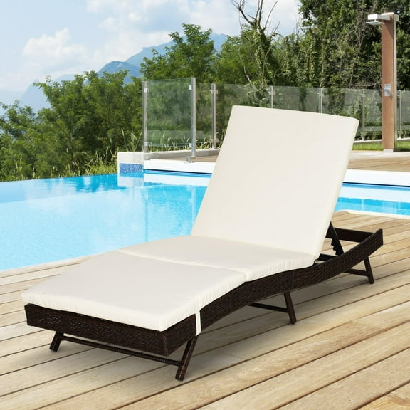 5-Position Adjustable Outdoor Chaise Lounge with Cushion, PE Rattan Wicker Pool Chair, Dark Coffee & Beige, Steel Frame, Patio Sun Tanning Seat